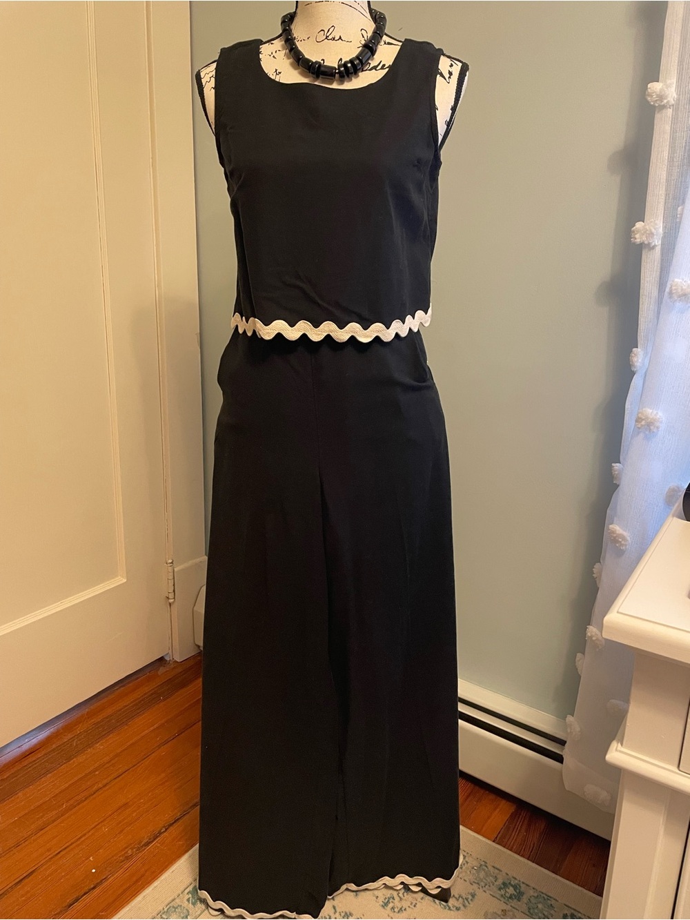 Black Sleeveless Jumpsuit with White Scalloped Trim